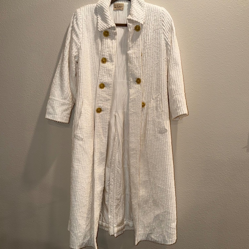 Luis Trenker White Textured Corduroy Long Coat Cotton Button Front Size IT 42